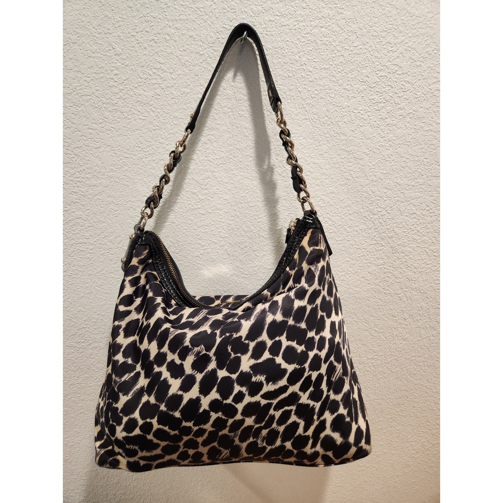 Kate Spade Leopard Print Nylon Chain Shoulder Hobo Bag Black Tan